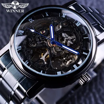 Nugalėtojas Populiariausias prekės ženklas Prabangus laikrodis Skeletas Juodas Nerūdijantis plienas Mėlynos rankos Šviečiantys vyriški laikrodžiai Vyriški laikrodžiai Vyriški Montre Homme automatiniai laikrodžiai