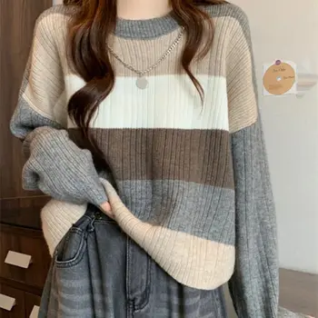 Fashion O-Neck sujungtas korėjietiškas dryžuotas megztinis Moteriški drabužiai 2023 Žieminiai laisvi laisvalaikio megztiniai Visų rungtynių viršūnės