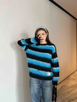 Mergaičių saldus temperamentas 2024 Naujas laisvas atsipalaidavęs vaivorykštės dryžuotas moherinis megztinis Moteriškas megztinis