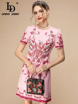 LD LINDA DELLA 2023 Nauja mados dizainerė Vasarinė trumpa suknelė Moteriškos trumpos rankovės Prabangūs krištolo karoliukai Spausdinti Rožinė mini suknelė