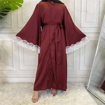 Satino musulmonės moterys Hijab suknelės Open Abaya nėrinių kardiganas Dubajus Kimono Kaftan Turkijos chalatas Eid Ramadan islamas Jalabiya Vestidos