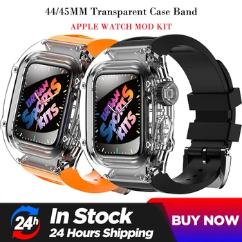 Transparent Mod Kit Case Band for Apple Watch 45MM 44MM Fluororubber Band for iWatch Series 8 7 6 5 4 SE Silikoninis dirželis 44/45mm