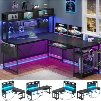 L formos žaidimų stalas, apverčiamas kompiuterio stalas su maitinimo lizdu ir kaiščiu, žaidimų stalas su LED lemputėmis, klaviatūros dėklas