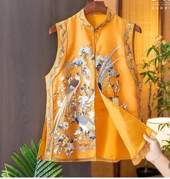 kinų tradicinė liemenė moterims rytietiško stiliaus viršutinė stovo apykaklės plokštelė sagomis siuvinėta liemenė be rankovių tango kostiumas vasarinis paltas
