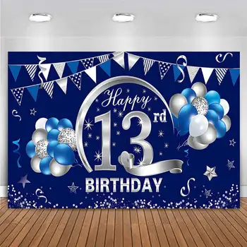 Custom Happy 13rd Birthday Party Dekoro fono reklamjuostė Trylika 13 metų mėlynas sidabras Fotografijos fonas berniukams mergaitėms