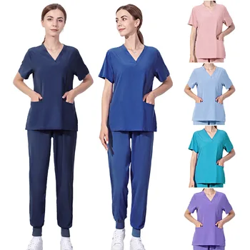 Vienspalviai slaugos šveitikliai Moterų uniformos Elastingumas Naminių gyvūnėlių klinika Slaugytoja V-kaklo medicinos ligoninės gydytojas Darbo drabužiai didmeninė prekyba