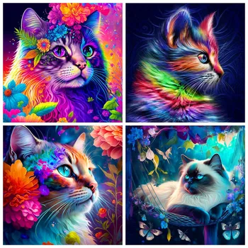 HUACAN 5D deimantų dažymo katė viso kvadrato apvalaus gręžimo mozaikos gyvūnų pilnas rinkinys namų dekoravimas