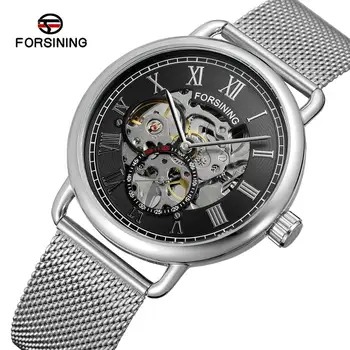 Luxury Brand Fashion Classic Black Silver Skeleton Mechaniniai rankiniai vėjo laikrodžiai vyrams Tinklinis diržas Skaidrus dėklas Laikrodis Vyras