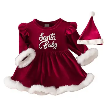 Christmas Toddler Baby Kids Baby Girls Red Dress A linijos suknelės ilgomis rankovėmis ir skrybėlių miela kalėdinė apranga