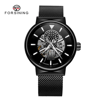 Forsining Skull Mechaniniai laikrodžiai Graviruotas judėjimas Šviečiančios rankos Tinklelis Nerūdijančio plieno juosta Juodas skeletas Automatinis vyriškas laikrodis