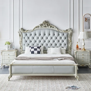 prancūziška medžio masyvo lova, išraižyta retro, kad padarytų seną Europos teismą Rokoko princesės lova dvigulė 1,8m vestuvinė lova