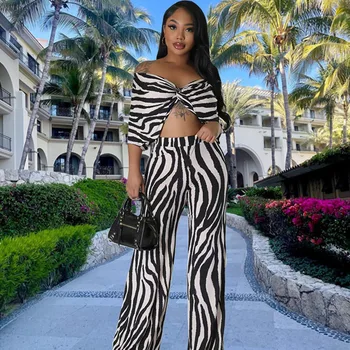Zebra Stripes Print Ppants Sets Womens 2 Piece Outfits Slash Neck Draped Batwing Sleeve Crop Top ir Wide Leg Pants Matching Sets