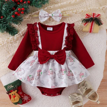 Christmas Baby Girl Romper naujagimis kūdikis megztas raukinys ilgomis rankovėmis lankas kombinezonas pledas spausdinti Xmas kostiumai