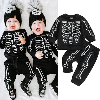 2023 Naujagimiai Berniukai Mergaitės Helovino apranga ilgomis rankovėmis Skeleto atspaudas Džemperiai Viršūnės + Kelnių komplektai Mažylio laisvalaikio drabužiai
