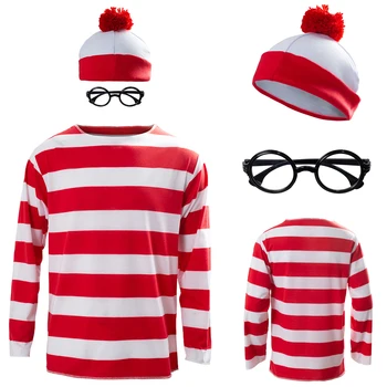 Where Waldo Now Cosplay Hoodies Megztinio kepurės akiniai Užmaskuoti kostiumą Suaugusios moterys Vyrai Raudona juostelė Gatvės apranga Vaidmenų žaidimas Helovinas