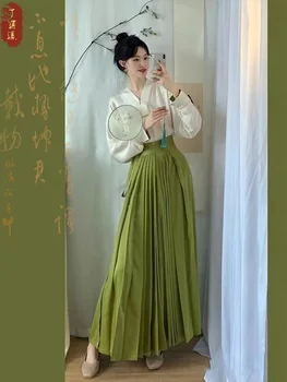 Elegantiškas arklio veido sijonas Kinų stiliaus suknelė Patobulinta Hanfu nacionalinio stiliaus ilgas plisuotas sijonas Top Daily Dviejų dalių rinkinys
