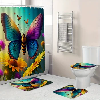 Pagyvinkite savo vonios kambarį saulėgrąžų drugelių dekoro rinkiniu Komplekte yra dušo užuolaidos Neslidus kilimėlis Tualeto kilimėlis Dangčio dangtis 12 kablys