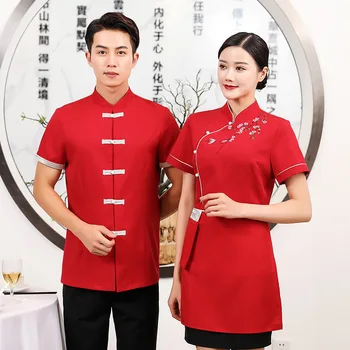 Viešbučio darbo drabužiai Vasaros moterų kinų maitinimo uniforma Nacionalinio stiliaus slyvų žiedų tango kostiumas Arbatos namai Padavėjas trumpomis rankovėmis A