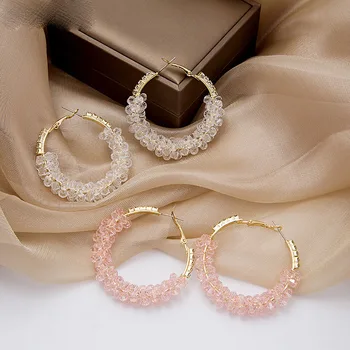 Dideli rožiniai balti krištolo karoliukai Auskarai Lankai moterims Korėjiečių apvalūs prabangūs cirkonio akmenys Elegantiška vestuvių papuošalų mada 2023