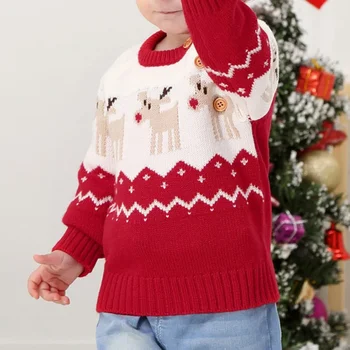 Baby Girls Megztas megztinis Žieminis briedis Spausdinti Raudonas Kalėdų viršūnės Trišakiai ilgomis rankovėmis Šilti laisvalaikio drabužiai 0-2 metų berniukų kalėdinis kostiumas