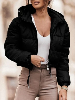 moteriška apkarpyta pūkinė striukė su gobtuvu ilgomis rankovėmis pilnu užtrauktuku sutraukiamu raišteliu dygsniuota lengva striukė žieminis šiltas trumpas paltas