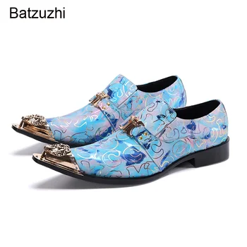 Batzuzhi Smailus metalinis pirštas Mėlynas Natūralios odos suknelės Batai Vyrai Visiškai nauji batai Vyrai Slysta Oksfordo vakarėlyje/Vestuvėse Zapatos Hombre