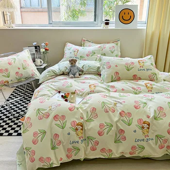 Mergaitės antklodės užvalkalas Rožinė Tulpė Gėlių patalynės komplektai Plokščios paklodės pagalvės užvalkalas Karaliaus dydis Suaugusiųjų paprasta namų tekstilė Gėlių patalynės užvalkalai