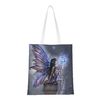 Little Blue Moon Fairy Fantasy Art By Molly Harrison Shopping Bag Women Canvas Shoulder Tote Bag Portable Grocery Shopper Bags