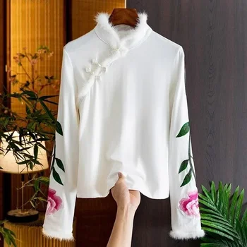 Vintažinė stovo apykaklė Gėlių siuvinėjimas Palaidinė Rudeniniai marškiniai ilgomis rankovėmis Elegantiškos kinų stiliaus baltos palaidinės Moteriški drabužiai 29941