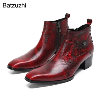 Batzuzhi Prabangūs rankų darbo vyriški batai Smailus kojų vynas Raudoni odiniai batai vyrams Kulkšnis Botas Hombre vakarėlis, vestuvės, riterio batai