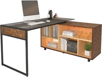 L formos kampinis stalas su keliomis saugyklomis, kompiuterio stalas su lentynomis, namų biuro stalas, ąžuolas, 56