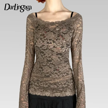 Darlingaga Fairycore Vintage Brown Nėrinių marškinėliai Moteriški Y2K ilgomis rankovėmis Top Through Fashion Party Top 2000s estetiniai marškiniai