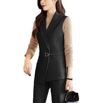Fashion Black Abrikosų liemenė Moteriški verslo kostiumai 2 dalių kelnės ir viršutiniai rinkiniai Moteriškos liemenės biuro uniformos stiliai