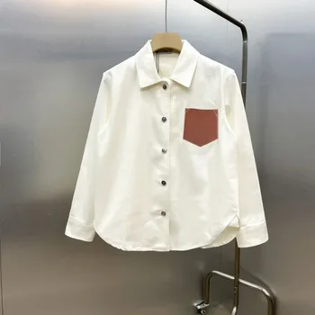 Rudens ir žiemos prabangūs vyriški ir moteriški madingi marškiniai ilgomis rankovėmis Balti Oksfordo medvilnės kvėpuojantys laisvi viršutiniai odiniai logotipai