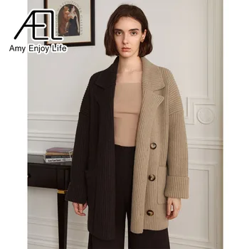 AEL Fashion Retro Brown Kontrastinis megztinis Moteriškas 2023 rudens/žiemos Naujas