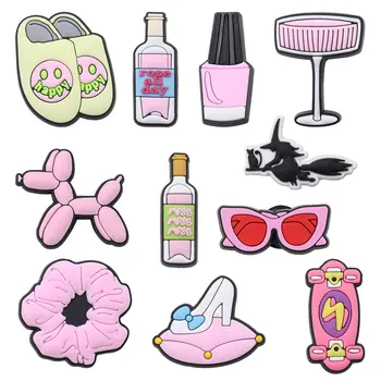 Mix 50PCS PVC Pink Croc Charms Wizard Wine Happy Rose All Day Hair Tie Heels Sandals Shoes Decoration Hole Slipper Accessories 
