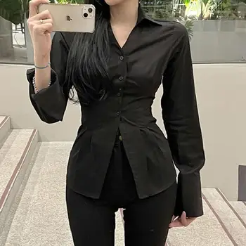 Moteriški marškiniai Harajuku gatvės stilius Solid Black Tunic Vintage Aesthetic Long Sleeve Basic Casual Autumn Fashion Korean Y2k Tops