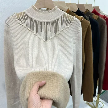 Korėjos rudens žiema Naujas pusbrolis Ruffle prabangūs karoliukai Megztinis Moterų mada Universalus megztinis ilgomis rankovėmis megztinis