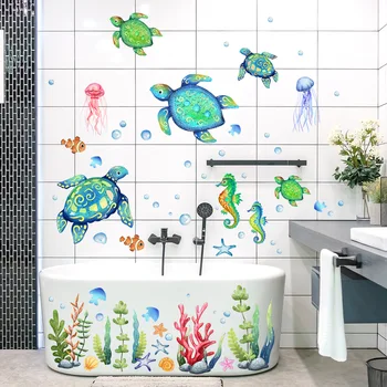 Didelis okeaninis jūros vėžlys ir jūros dumblių vonios lipdukai - lipnus vonios fono sienų dekoras