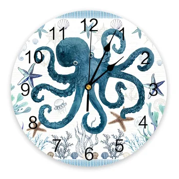 Viduržemio jūros regiono stilius Ocean Starfish Octopus Sieninis laikrodis Modernaus dizaino tylus sieninis laikrodis miegamojo virtuvei Apvalūs kabantys laikrodžiai