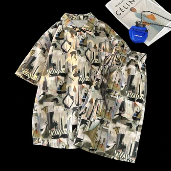 2023 Summer Beach trumpomis rankovėmis vyriški marškiniai ir šortai Kasdieniai 2PC komplektas Havajų stiliaus spausdinimo atostogų vyrų aprangos komplektas