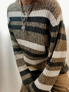 Women s Vintage Striped Print Sweater Casual Oversized Long Sleeve Round Neck Megzti megztiniai Jumper Top Streetwear