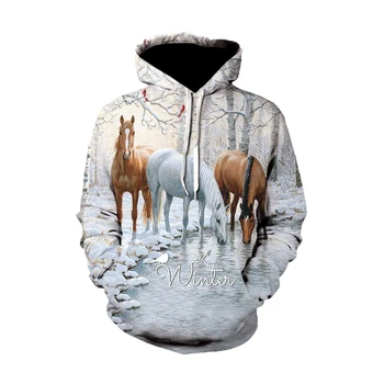 2023 Karštas išpardavimas Spalvingas arklio atspausdintas džemperis su gobtuvu Vyrai Moterys Laisvalaikio megztinis Gyvūnų arklių gobtuvai Unisex ilgomis rankovėmis džemperis