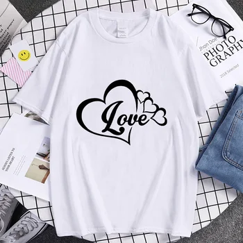 Moterys ir vyrai mėgsta širdį Laiškų spausdinimo marškinėliai Vasariniai marškinėliai trumpomis rankovėmis Laisvalaikio marškinėliai Unisex Harajuku Dizainerių topai Oversize Streetwear