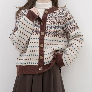 2023 Rudens moterų nauji laisvi megzti marškiniai Spalvotas megztinis apvaliu kaklu Megztinis Moteriškas geometrinis raštas ilgomis rankovėmis