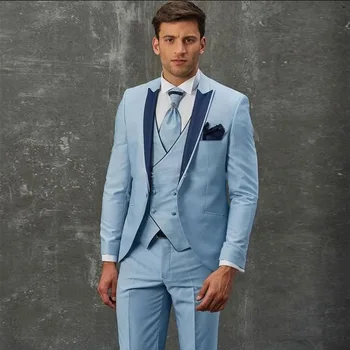 Dangaus mėlyni kostiumai vyrams Terno elegantiškas švarkas viengubas smailus atlapas Oficialus 3 dalių švarko kelnės Liemenė Slim Fit vestuvinis audinys