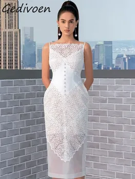 Gedivoen Rudens mados dizaineris Balta vintažinė suknelė Diržas Moterys Pasvirojo brūkšnio kaklo mygtukas Nėrinių atostogų vakarėlis Aukštas juosmuo plona ilga suknelė