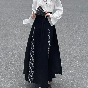 2024 Pavasario ruduo Naujas kiniškas juodas sijonas moteriškiems drabužiams Hanfu Patobulinti sijonai Priemiestinis plonas splitas Prisijungti prie ilgo sijono 140