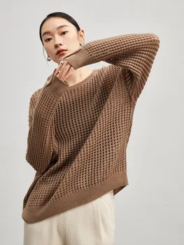 Dizaino įkvėptas tuščiaviduris vilnonis megztinis apvaliu kaklu moteriškiems 2024 m. pavasario drabužiams Naujas vilnonis laisvas ir liekninantis megztinis