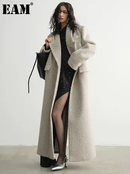 [EAM] 30% vilna X-Long Didelis dydis Šiltas vilnonis paltas Naujas atlapas Moteriška striukė ilgomis rankovėmis Fashion Tide Autumn Winter 2024 1DH4053
